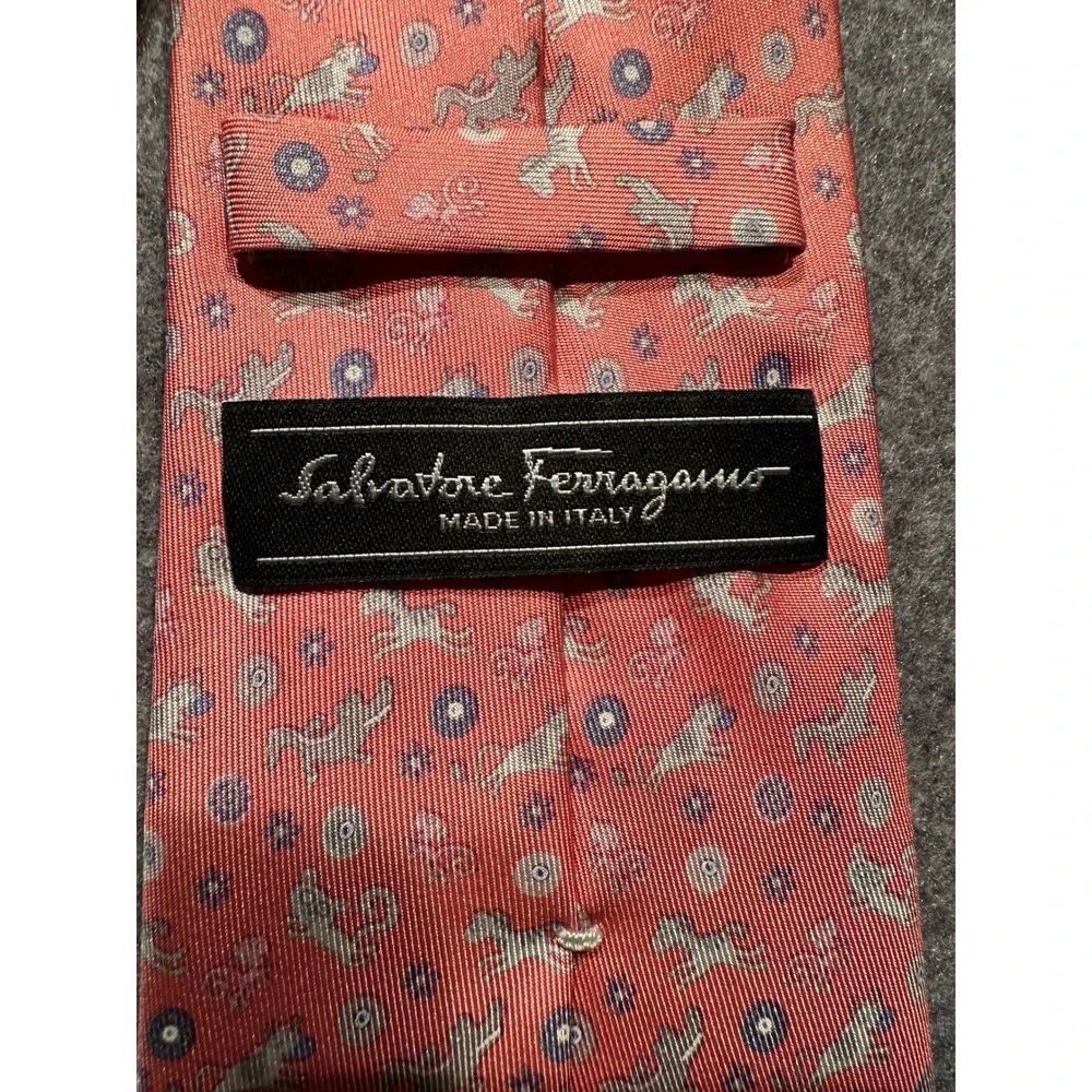Salvatore Ferragamo Silk Tie Coral Pink Animal Print Monkey Zebra Made in Italy